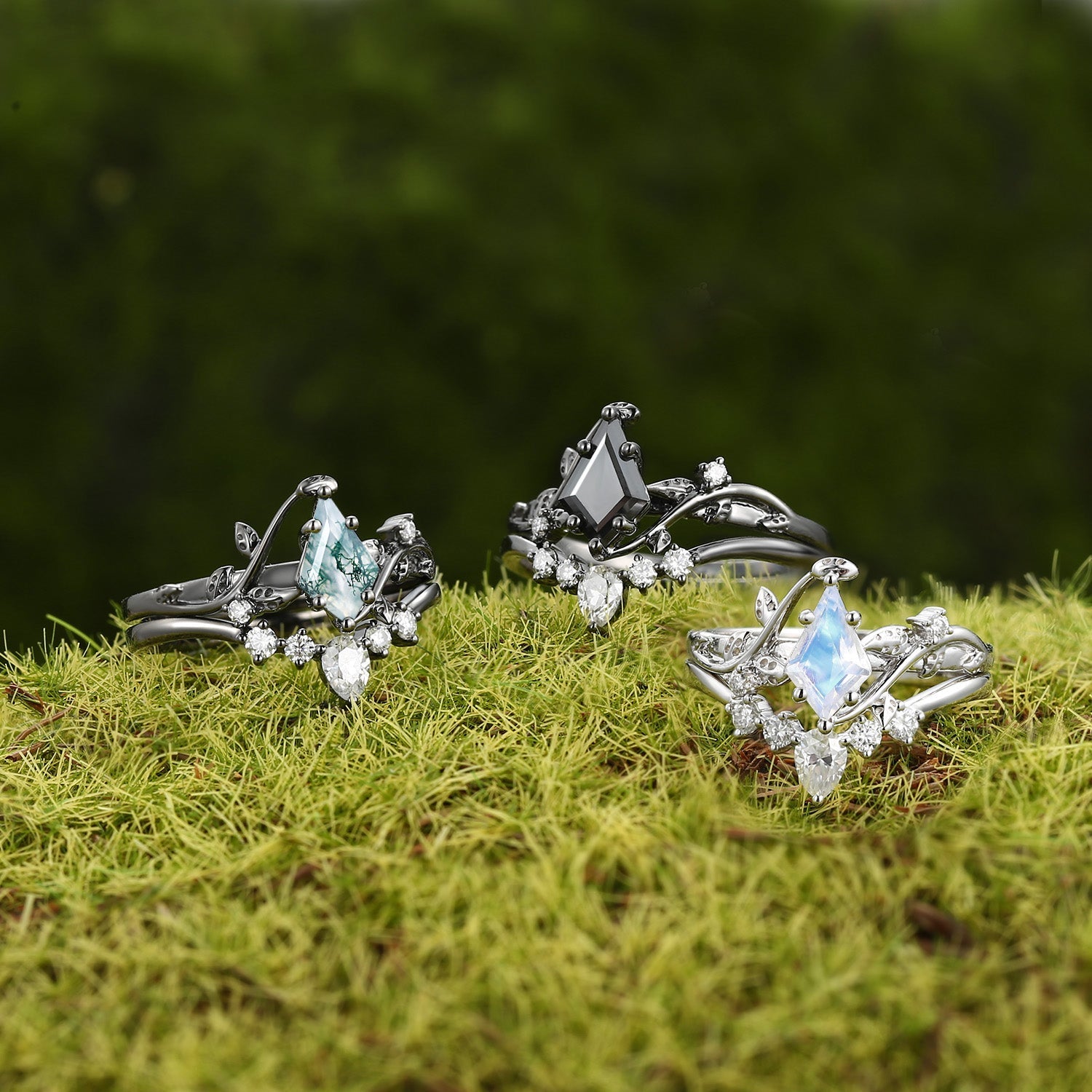 Black Gold Kite Cut Moss Agate & Lab Emerald Leafy Bridal Ring Sets 2pcs - Willow
