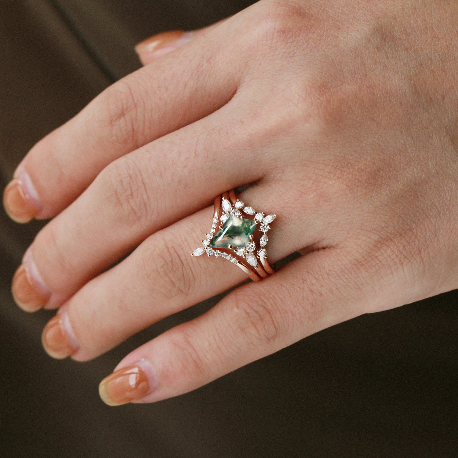 Black Gold Unique Kite Cut Moss Agate Ring Set 3pcs - Kinsley