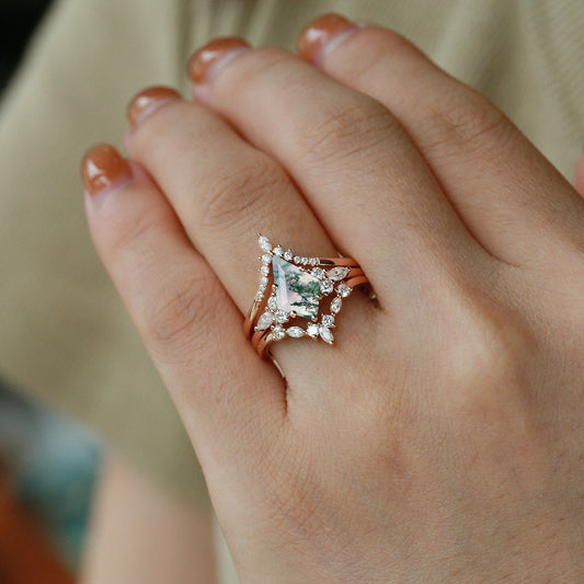 Kinsley Unique Kite Cut Moss Agate Chevron Engagement Ring Set 3pcs