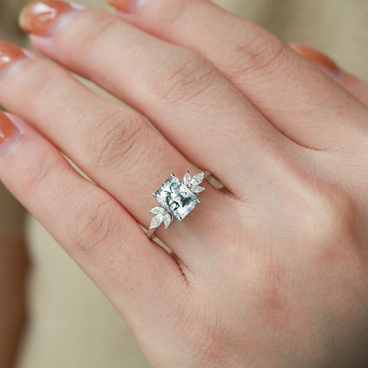 Emerald Cut Moss Agate Cluster Engagement Ring