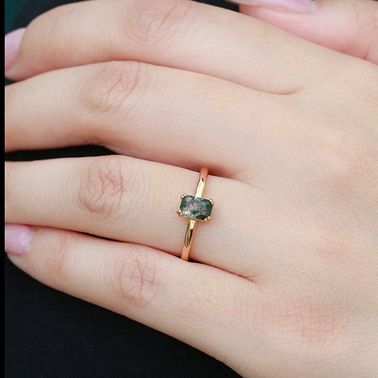 Emerald Cut Moss Agate Solitaire Engagement Ring