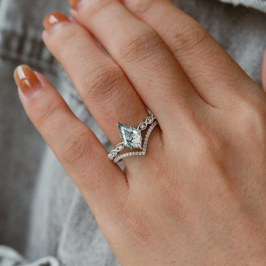 Art-Deco Kite Cut Moss Agate  Engagement Ring Set 2pcs