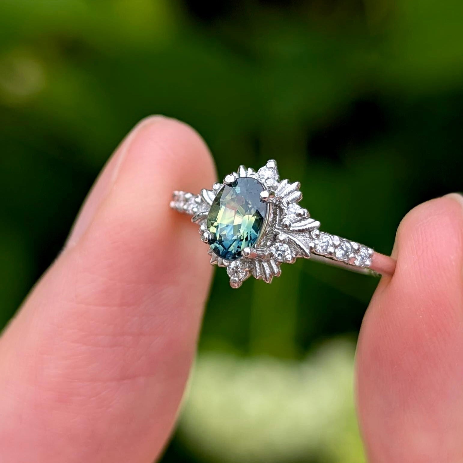 1CT Oval Cut Royal Glow Green Gemstone Halo Engagement Ring