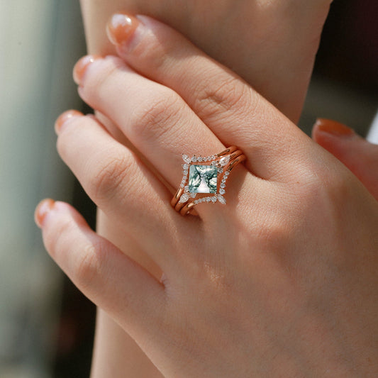 Black Gold Moss Agate Princess Cut Engagement Ring Set 3pcs