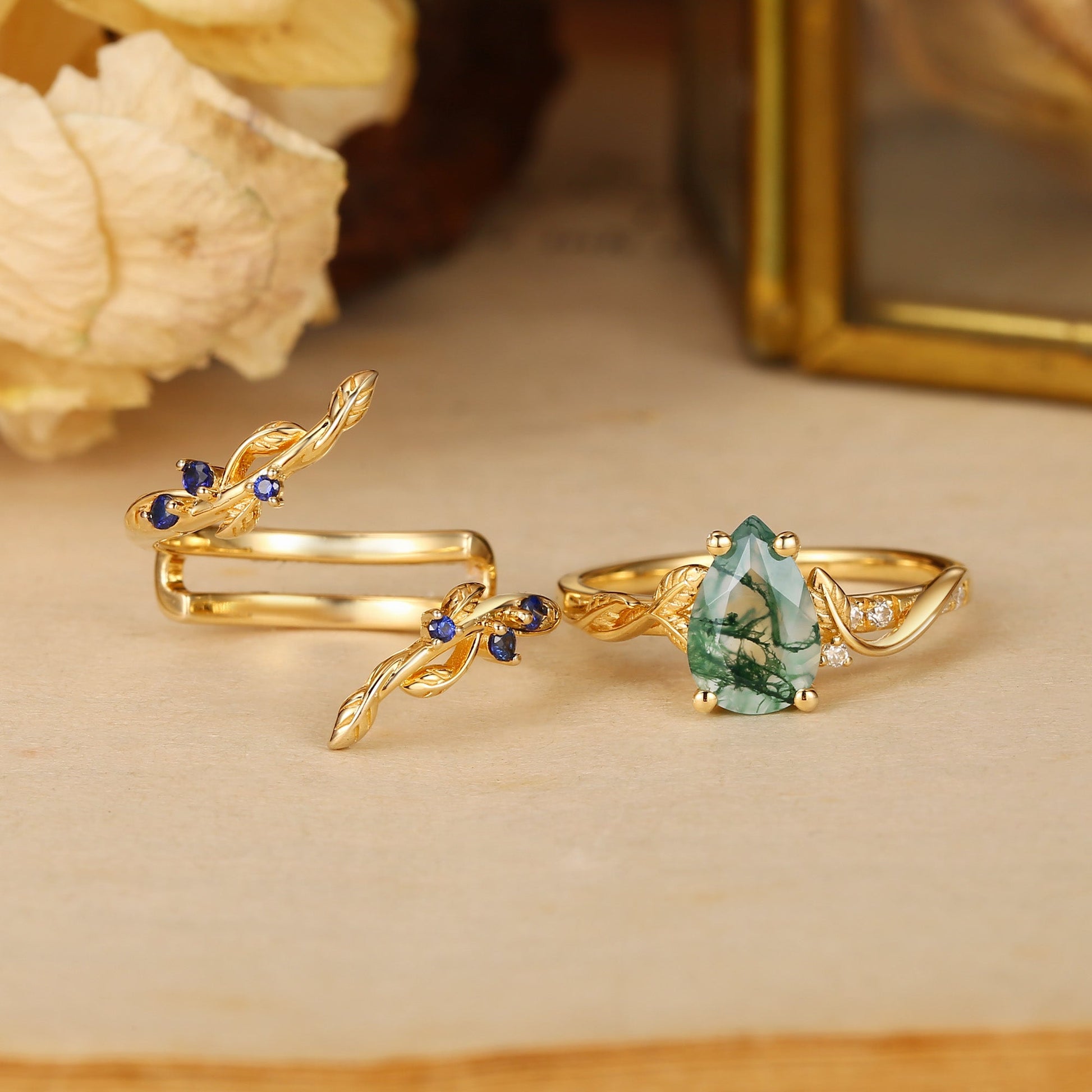 Hyacinthe Moss Agate & Sapphire Engagement Enhancer Ring Set 2pcs