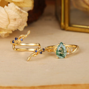 Hyacinthe Moss Agate & Sapphire Engagement Enhancer Ring Set 2pcs