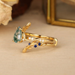 Hyacinthe Moss Agate & Sapphire Engagement Enhancer Ring Set 2pcs