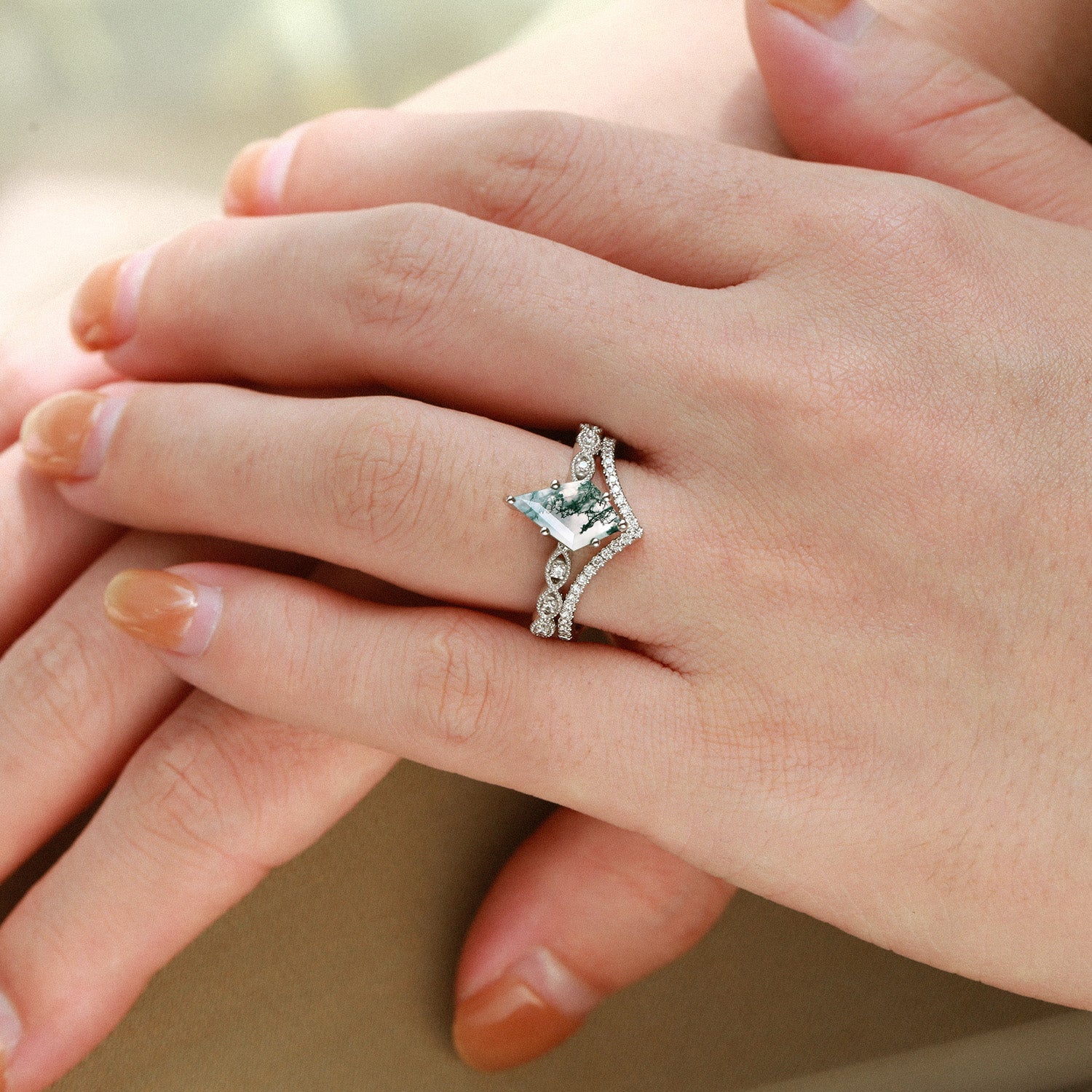 Kite Cut Moss Agate Art-Deco Engagement Ring Set 2pcs