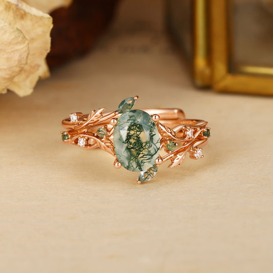 Alba Green Moss Agate Leaf Engagement Ring Set 2pcs