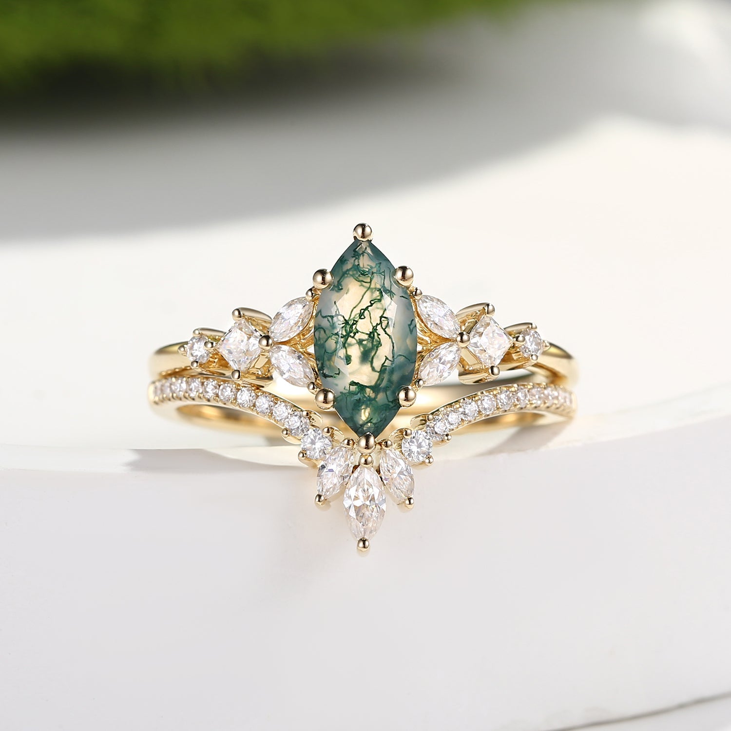 Marquise Cut Moss Agate Cluster Engagement Ring Set 2pcs - Lumenis