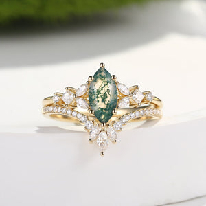 Marquise Cut Moss Agate Cluster Engagement Ring Set 2pcs - Lumenis