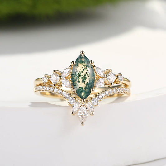 Marquise Cut Moss Agate Cluster Engagement Ring Set 2pcs - Lumenis