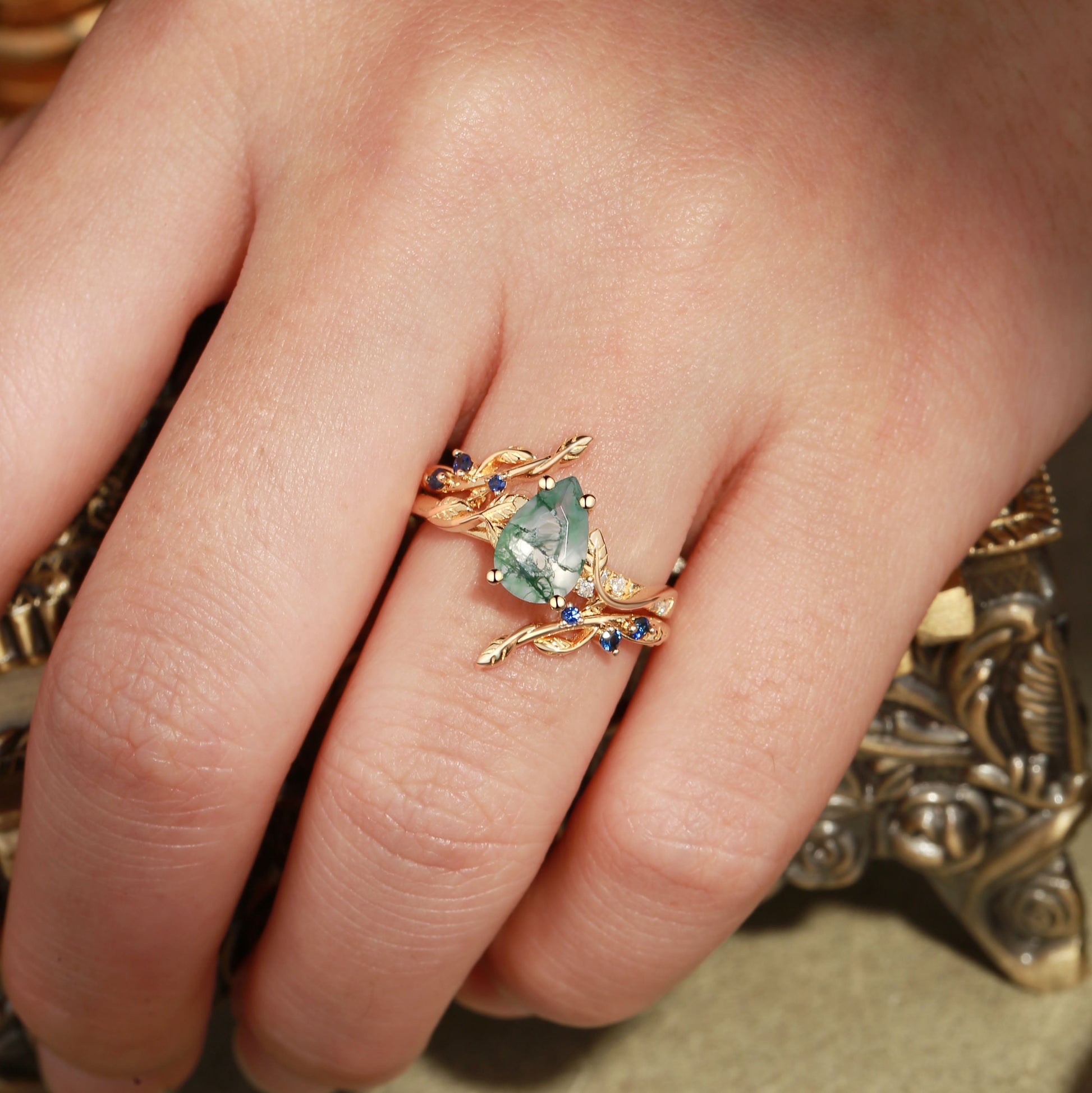 Hyacinthe Moss Agate & Sapphire Engagement Enhancer Ring Set 2pcs