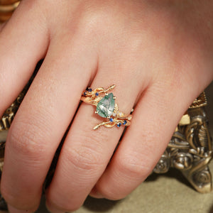 Hyacinthe Moss Agate & Sapphire Engagement Enhancer Ring Set 2pcs