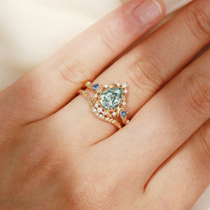 Unique Moonlight Moss Agate Pear Cut Vine Leaf Ring Bridal Sets 2pcs