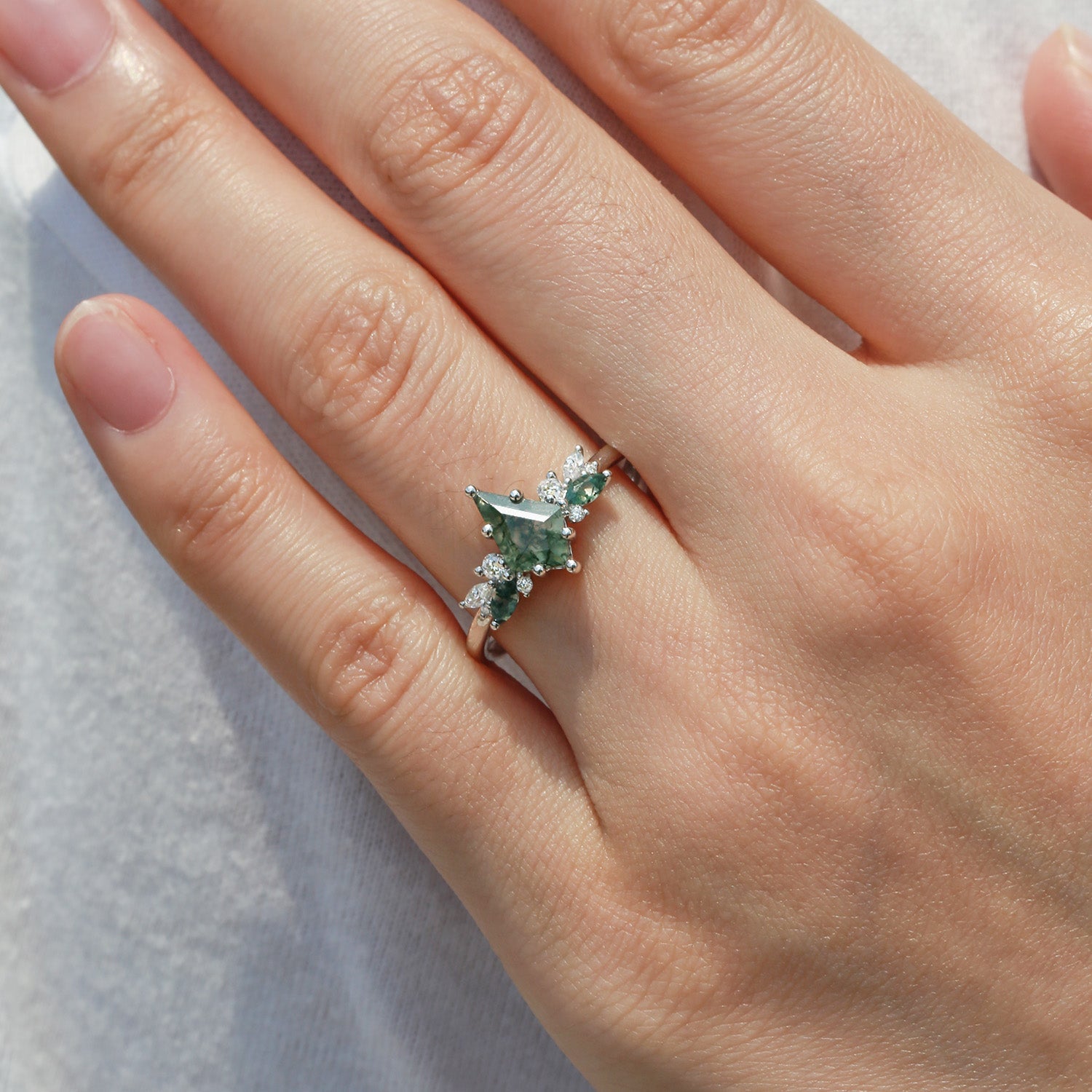 Nature Inspired Kite Cut Moss Agate Engagement Ring