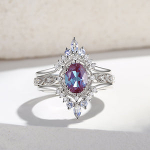 1.5CT Alexandrite Signature Vintage Luna Ring Set 3pcs
