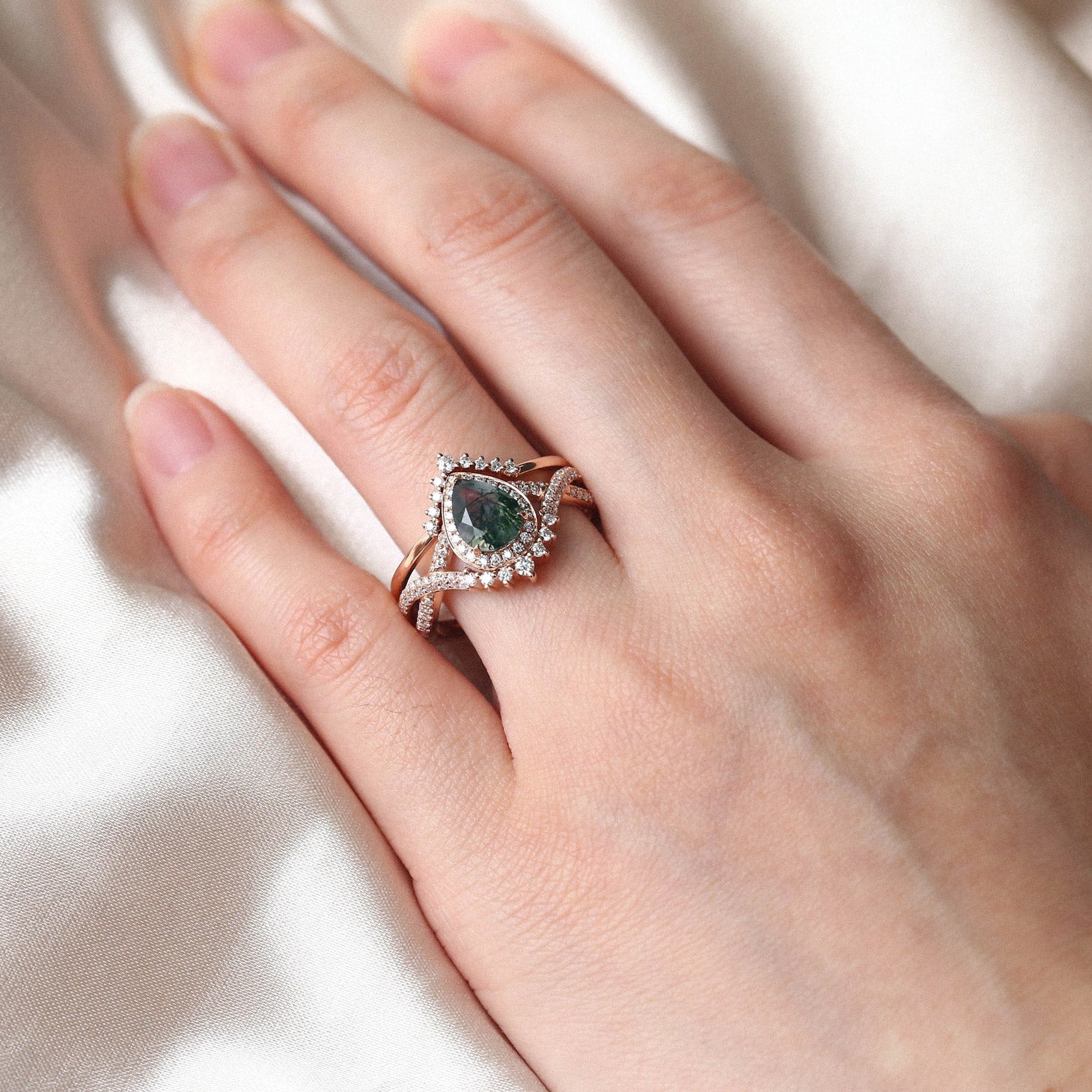 Pear Moss Agate Halo Infinity Ring Set 2pcs - Valentina
