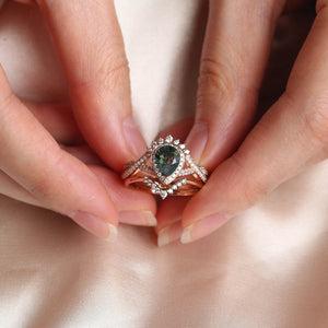 Black Gold Pear Moss Agate Halo Infinity Ring Set 2pcs - Valentina