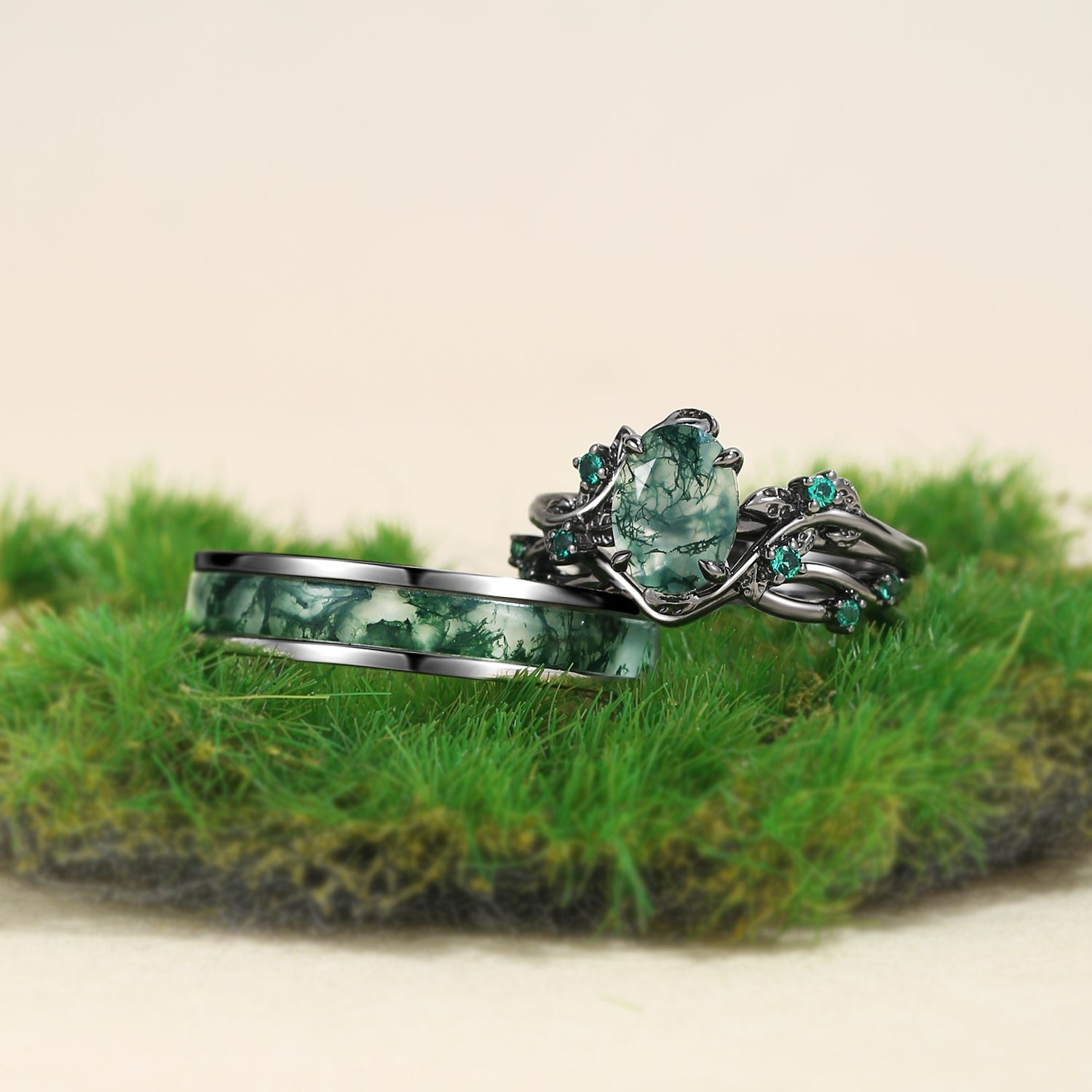 Nature Inspired - Oval Cut Moss Agate Leafy Black Gold Couple Ring Set 3pcs - Mossy