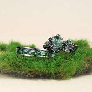 Nature Inspired - Oval Cut Moss Agate Leafy Black Gold Couple Ring Set 3pcs - Mossy