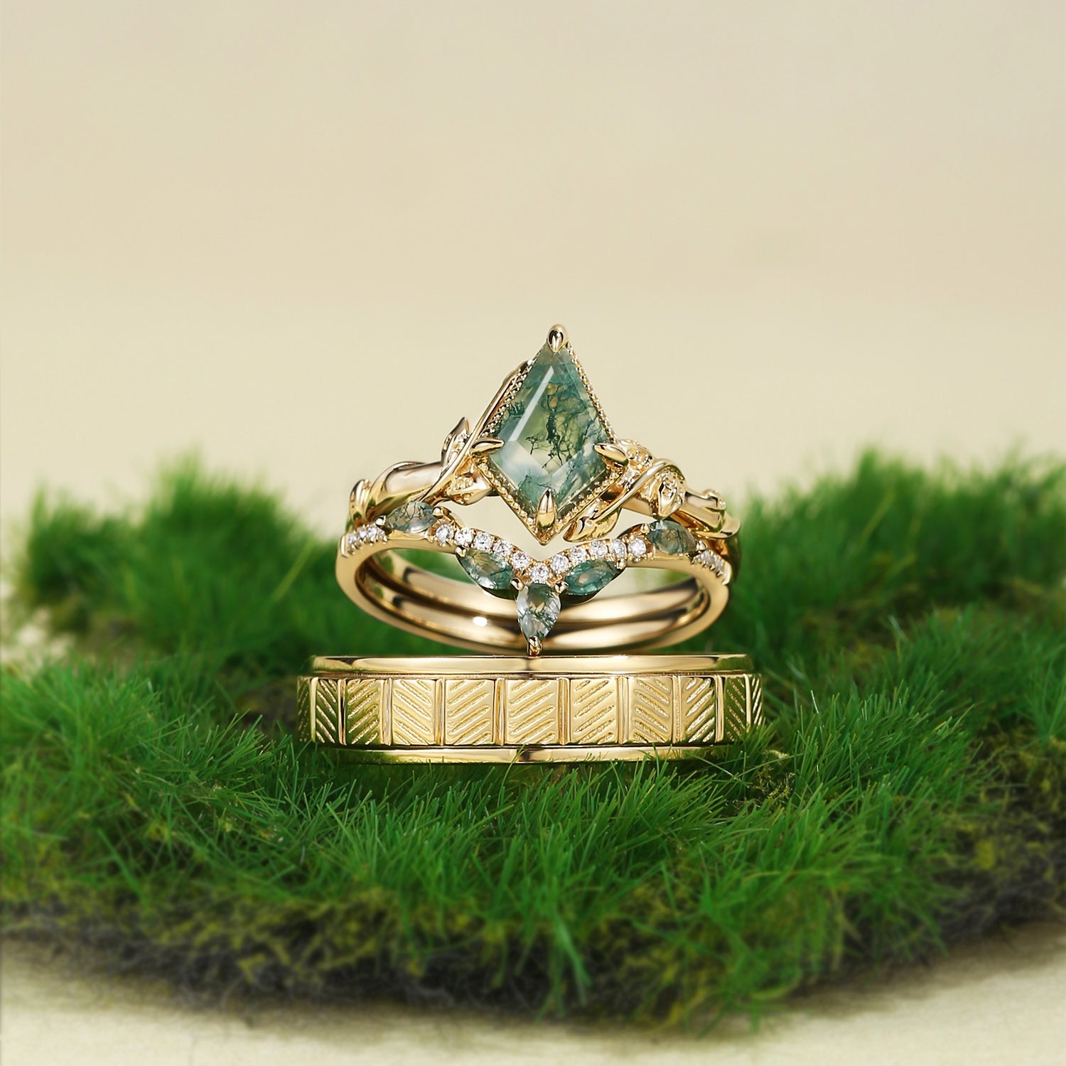 Nature Inspired - Unique Kite Cut Moss Agate Leafy Couple Ring Set 3pcs