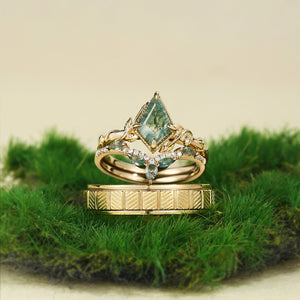 Nature Inspired - Unique Kite Cut Moss Agate Leafy Couple Ring Set 3pcs