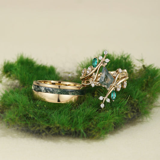 Nature Inspired - Kite Cut Moss Agate Cage Leafy Couple Ring Set 3pcs - Knight