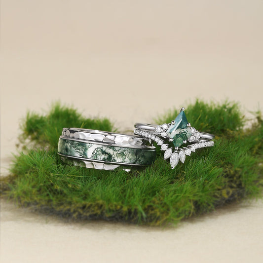 Unique Moss Agate Engagement Couple Ring Set 3pcs - Lydia