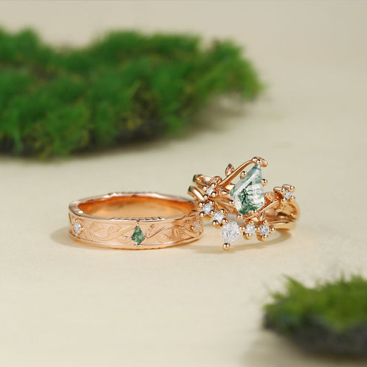 Nature Inspired - Unique Kite Cut Moss Agate Leafy Couple Ring Set 3pcs - Willow