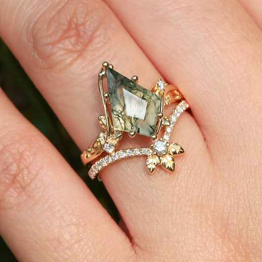 Unique Moss Agate Three Leaves Engagement Ring Set 2pcs - Ella
