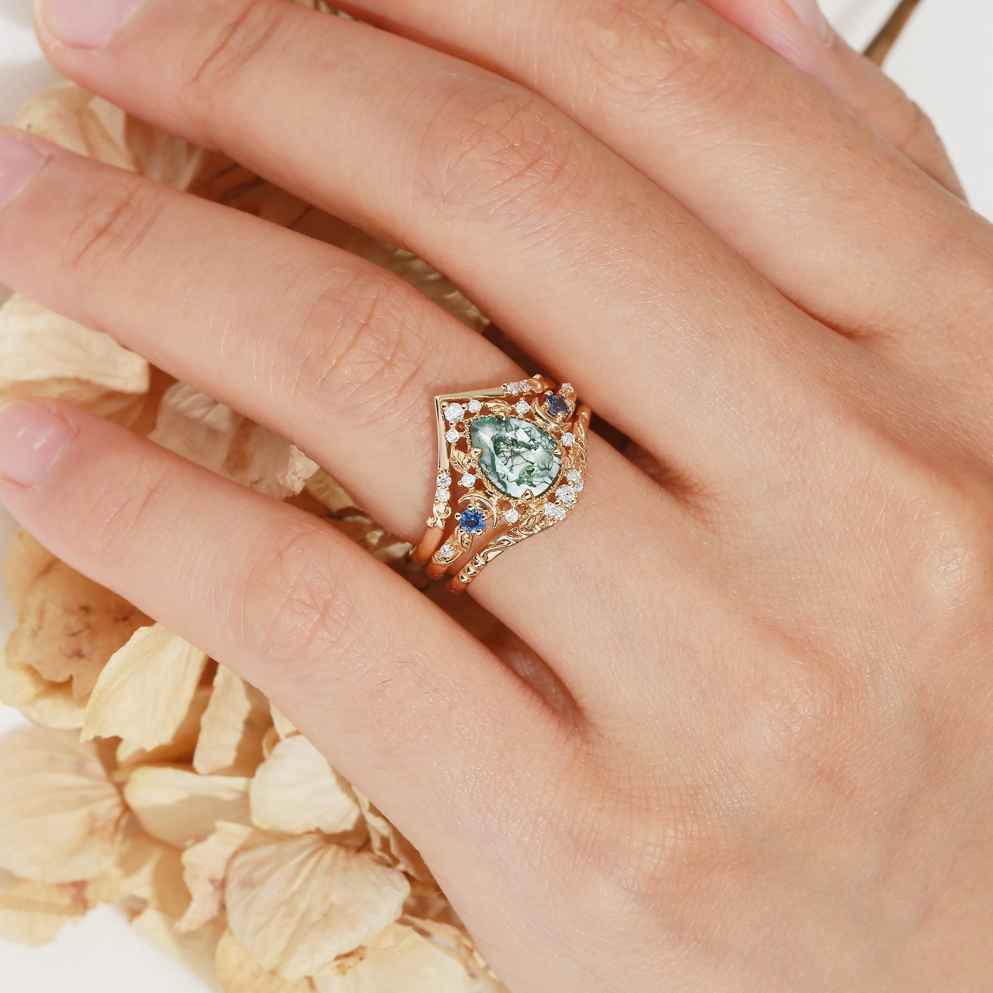 Unique Moonlight Moss Agate Pear Cut Vine Leaf Ring Bridal Sets 2pcs