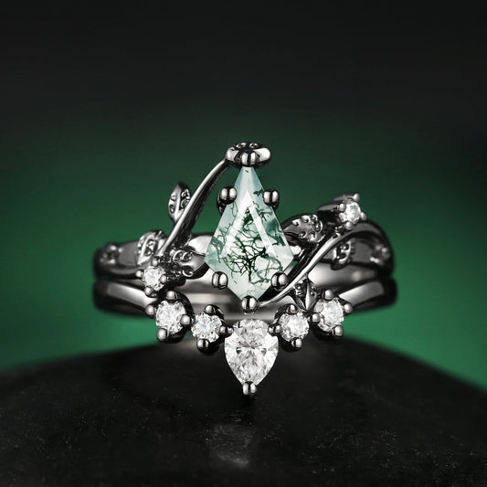 Black Gold Kite Cut Moss Agate Leafy Bridal Ring Sets 2pcs - Willow