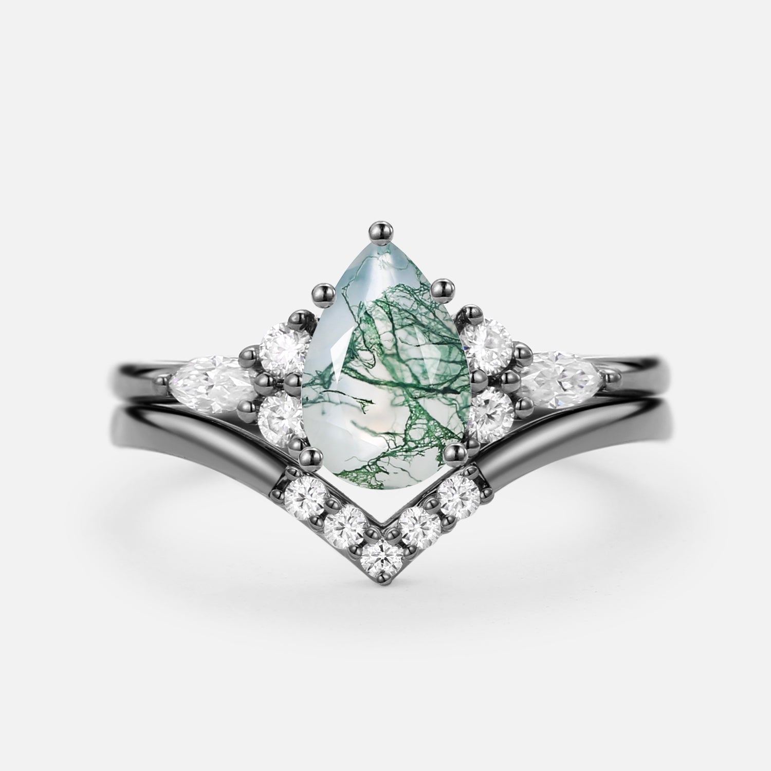 Pear Cut Moss Agate Cluster Ring Set 2pcs - Sienna