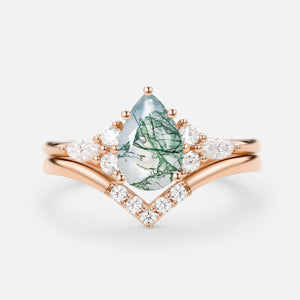 Pear Cut Moss Agate Cluster Ring Set 2pcs - Sienna