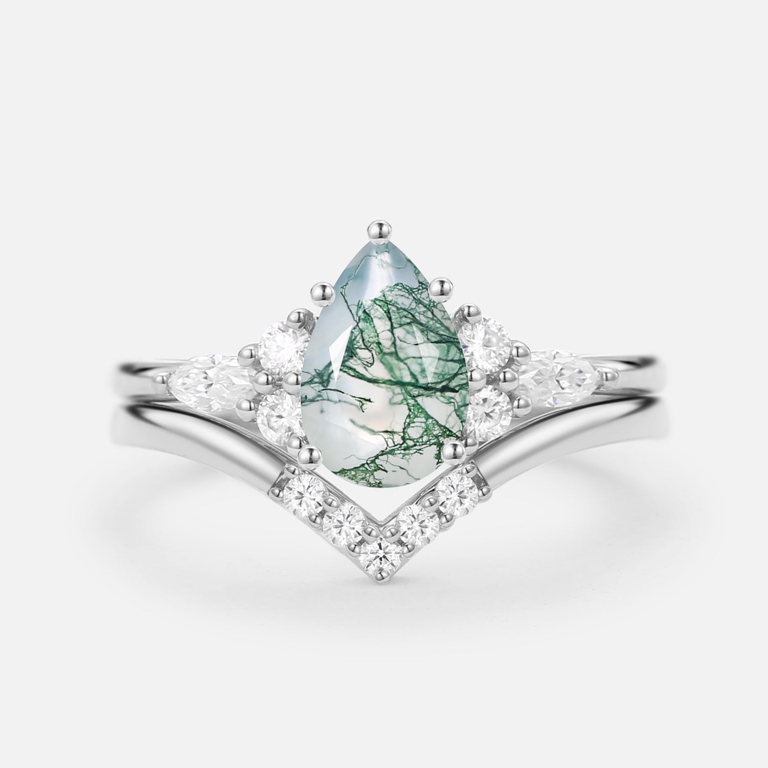 Pear Cut Moss Agate Cluster Ring Set 2pcs - Sienna
