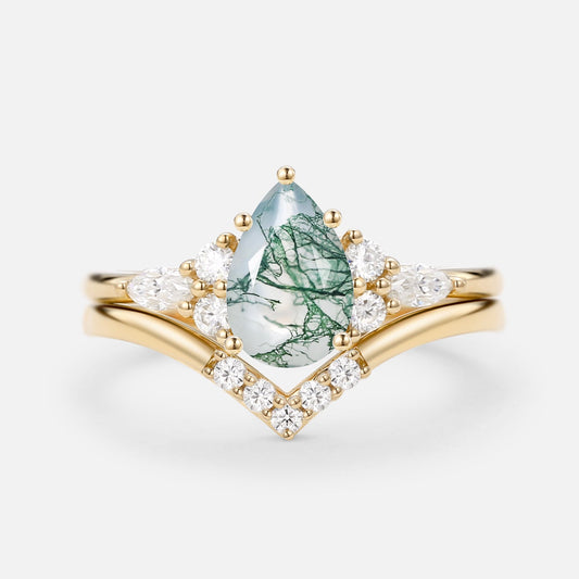 Pear Cut Moss Agate Cluster Ring Set 2pcs - Sienna