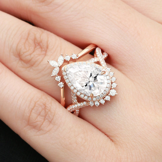 Black Gold Pear Shaped Moss Agate Antique Halo Infinity Ring Sets 2pcs