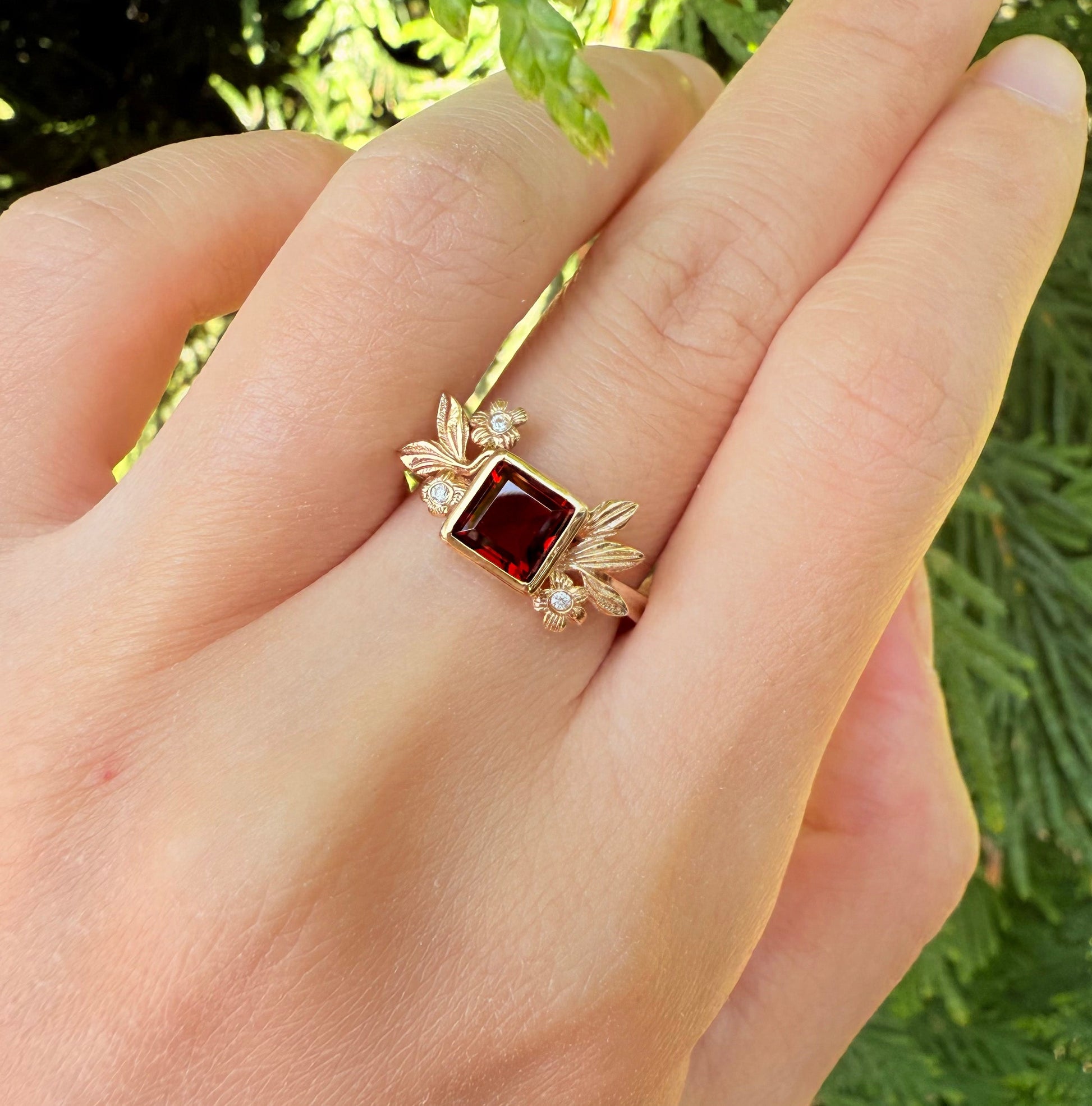 1CT Princess Cut Red Gemstone Leafy Halo Engagement  Ring