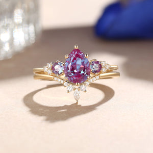 Fern Pear Shaped Alexandrite Cluster Gold Ring Set 2pcs
