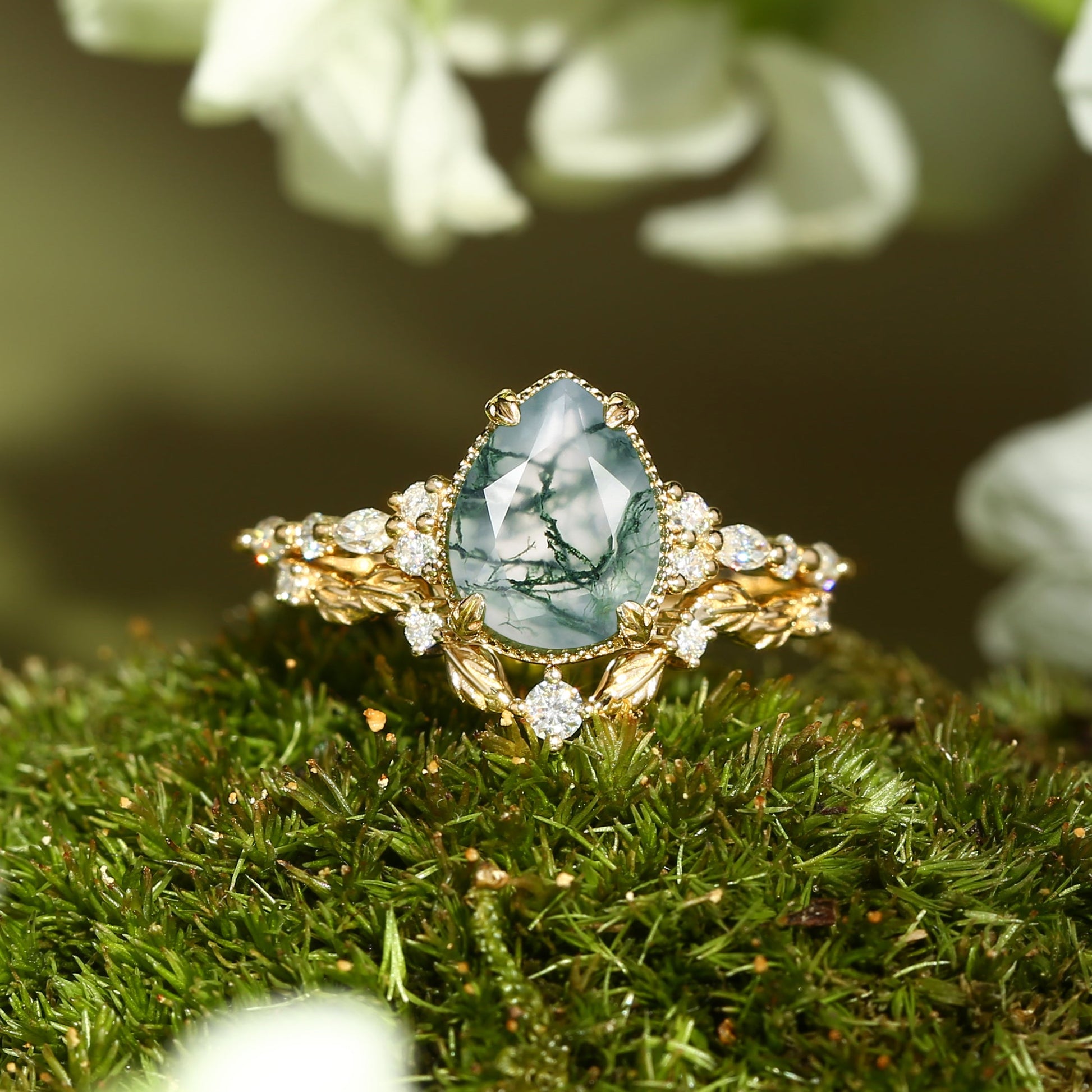 Bryony Vintage Pear Shaped Moss Agate Leafy Ring Set 2pcs