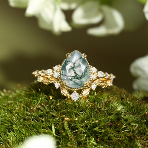 Bryony Vintage Pear Shaped Moss Agate Leafy Ring Set 2pcs