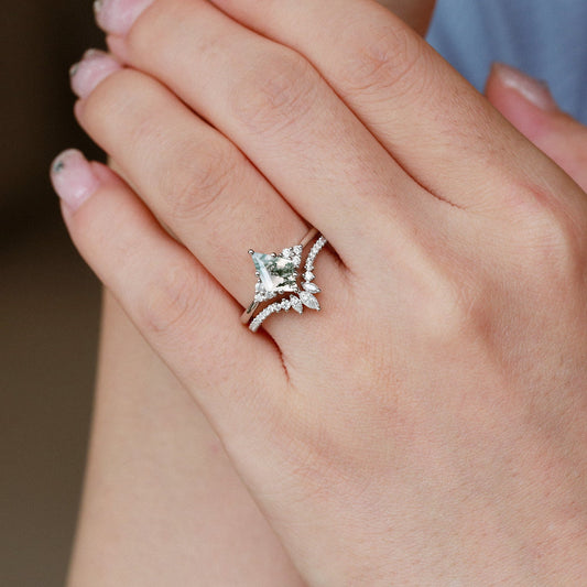 Black Gold Moss Agate Engagement Ring Set 2pcs - Lydia