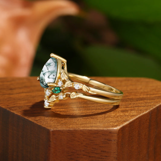 Unique Heart Leaf Moss Agate Engagement Ring Set