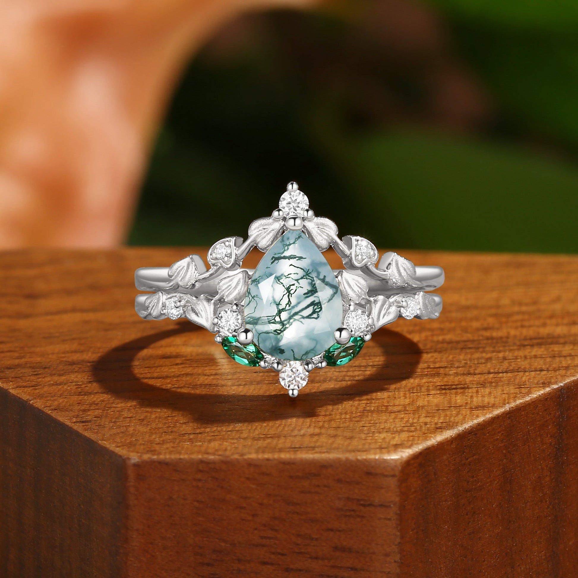 Unique Heart Leaf Moss Agate Engagement Ring Set