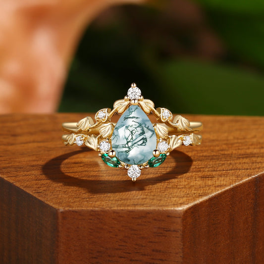 Unique Heart Leaf Moss Agate Engagement Ring Set