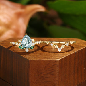Unique Heart Leaf Moss Agate Engagement Ring Set