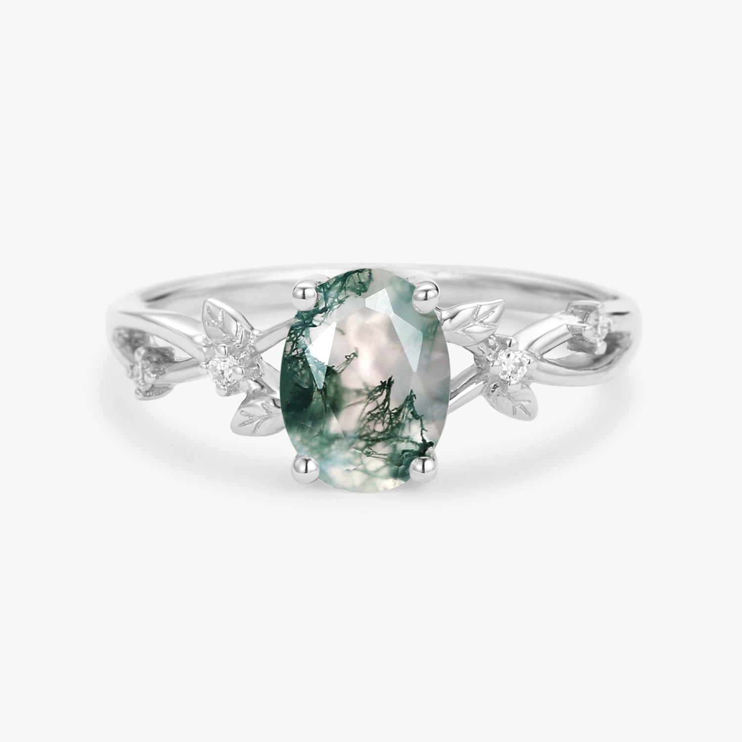 Nature Inspired Oval Cut Moss Agate Leafy Engagement Ring