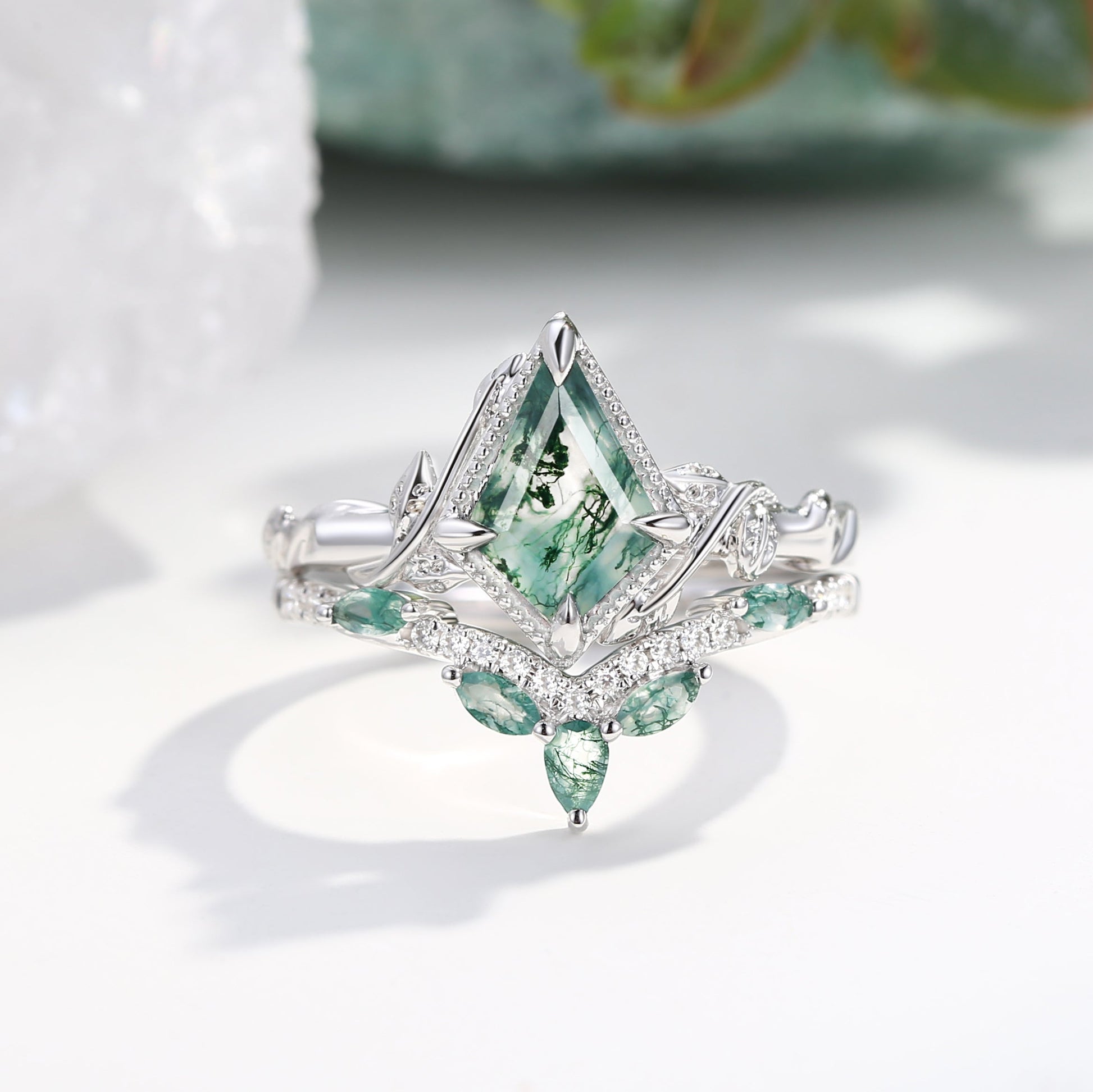 Lark Kite Cut Moss Agate Leafy Engagement Ring Sets 2pcs