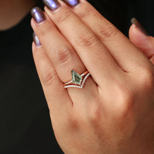 Kite Cut Moss Agate Engagement Ring Set 2pcs - Ash